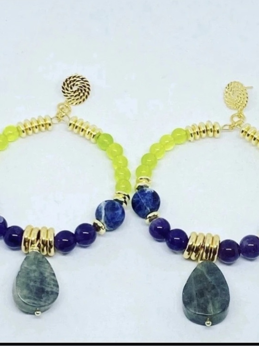 Handcrafted Lime Green & Blue Beaded Hoop Earrings with Teardrop Pendant